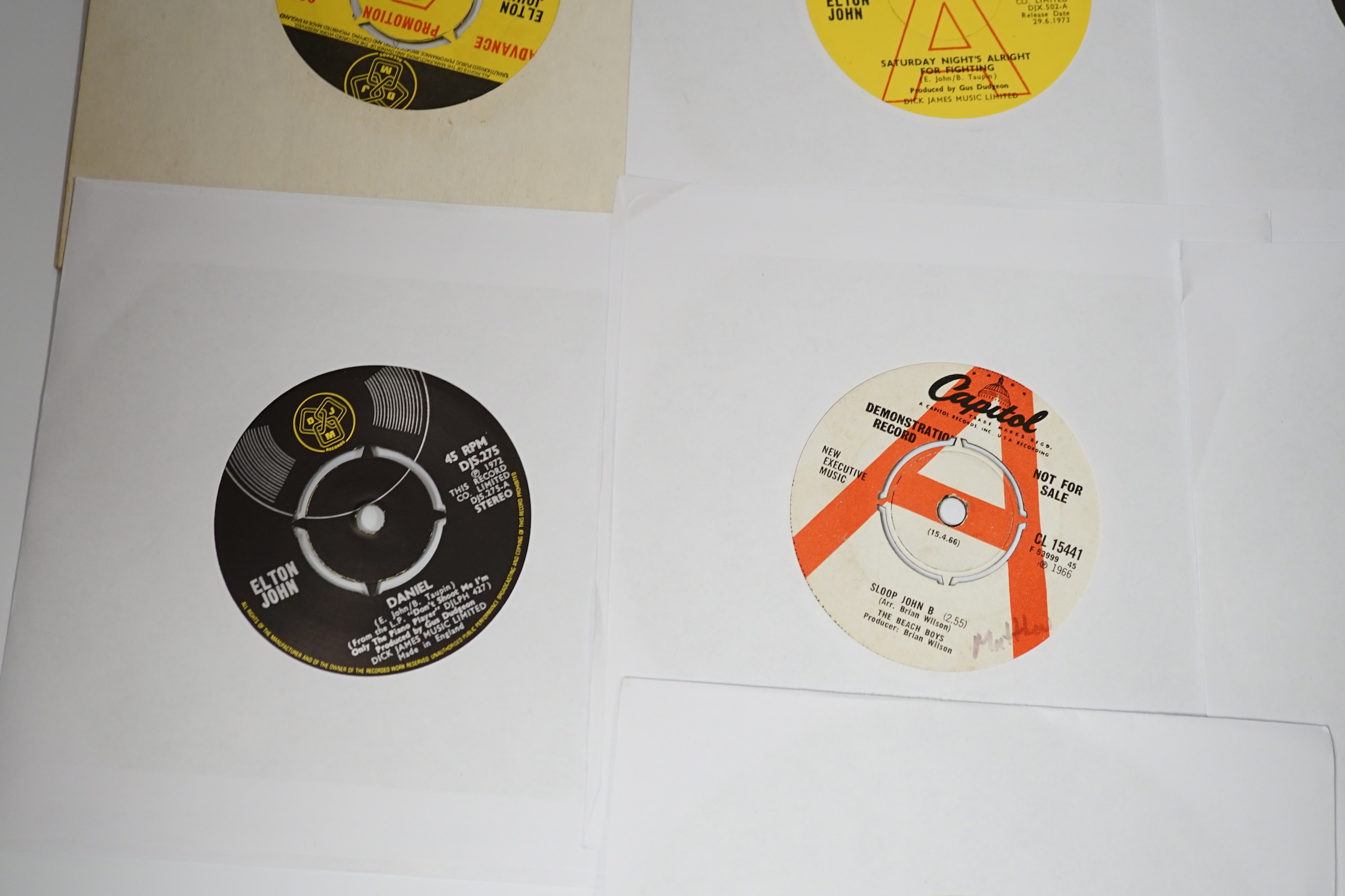 Ten demo 7” singles, all with printed demo labels by The Beatles (and related), Elton John and The Beach Boys, singles include; Lady Madonna, Don’t Let the Sun Go Down on Me, Crocodile Rock, Saturday Night’s Alright For